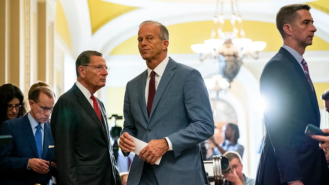 Majority Leader John Thune (R-S.D.) returns to his office after the weekly policy luncheon on July 29, 2026.