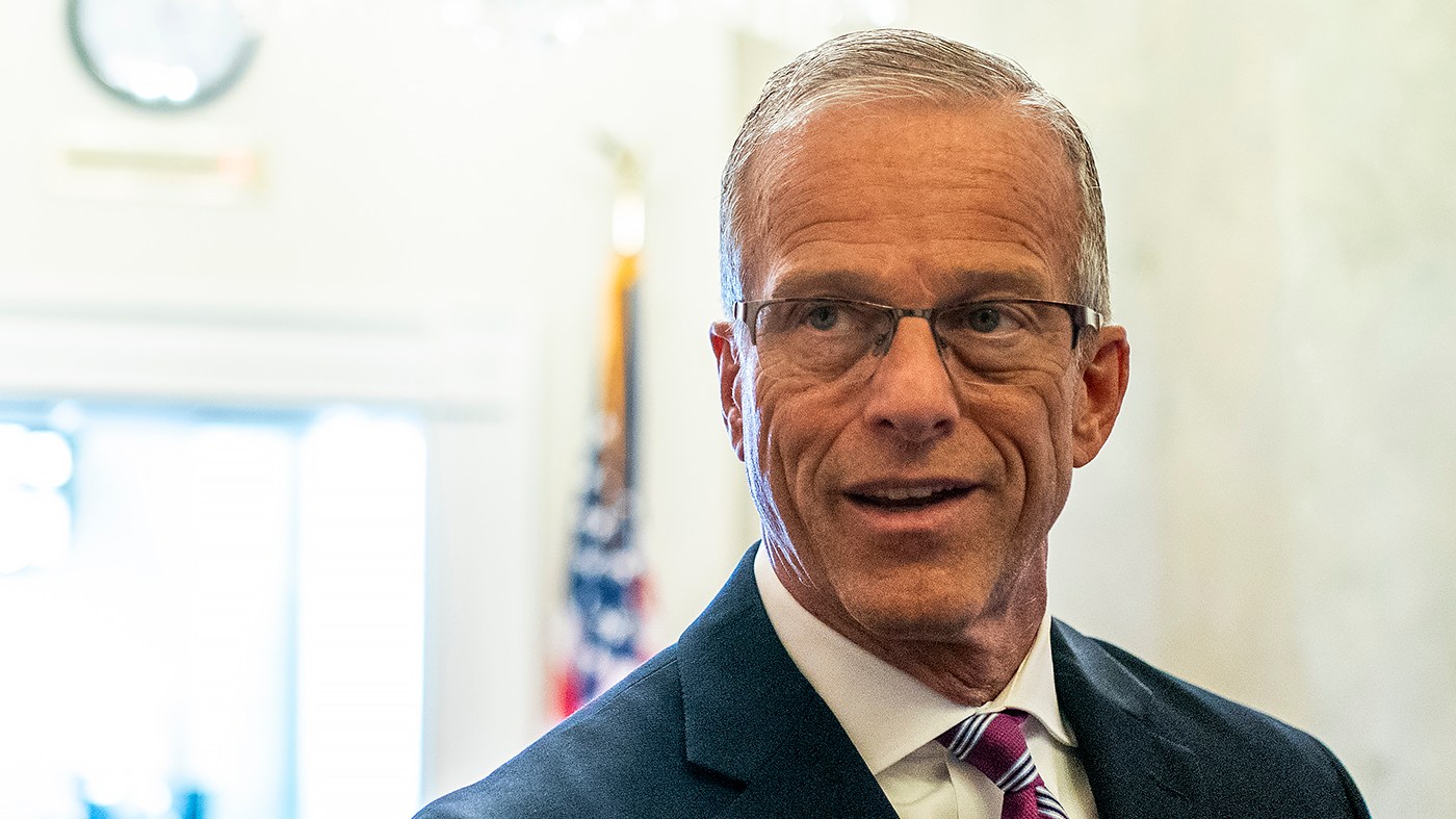 Majority Leader John Thune (R-S.D.) talks to reporters as he returns to his office after speaking on the Senate Floor on Monday, September 14, 2026.