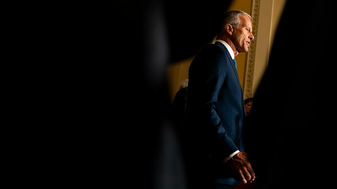 Majority Leader John Thune (R-S.D.) addresses reporters after the weekly policy luncheon on Tuesday, September 15, 2026.