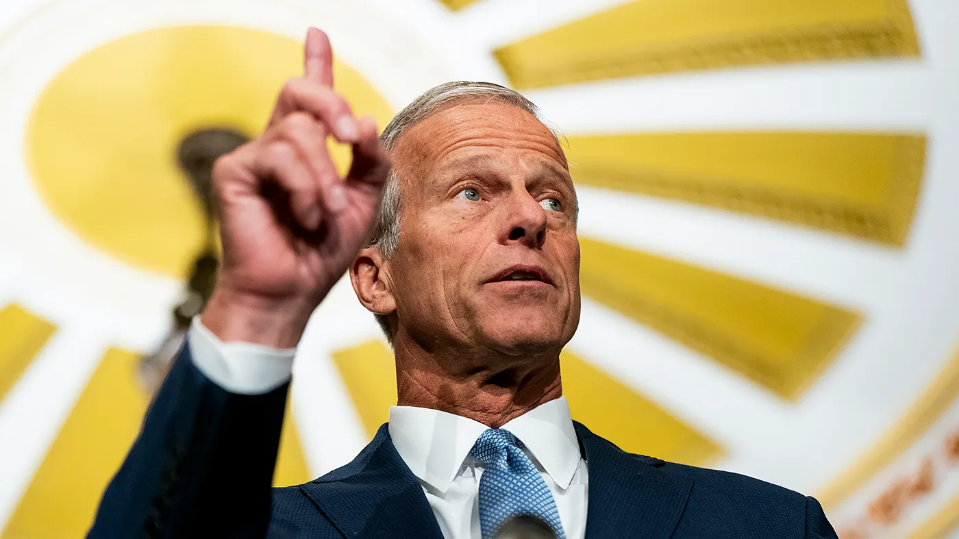 Senate Majority Leader John Thune (R-S.D.) addresses reporters after the weekly policy luncheon on Sept. 29, 2026.