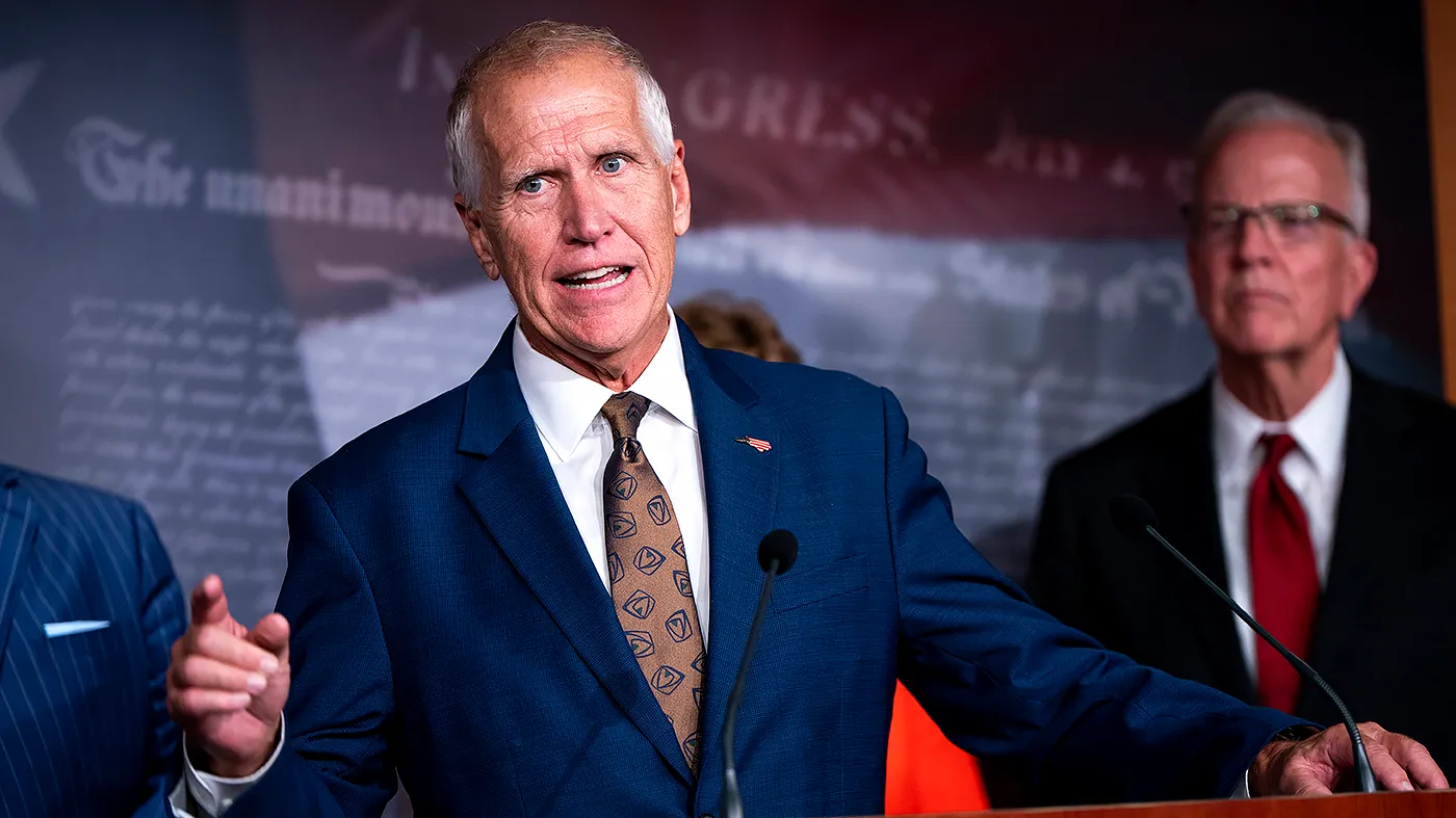 Sen. Thom Tillis (R-N.C.) addresses reporters during a press conference on Tuesday, July 14, 2026 to discuss the Sanctioning Russia Act championed by the late Sen. Lindsey Graham (R-S.C.)
