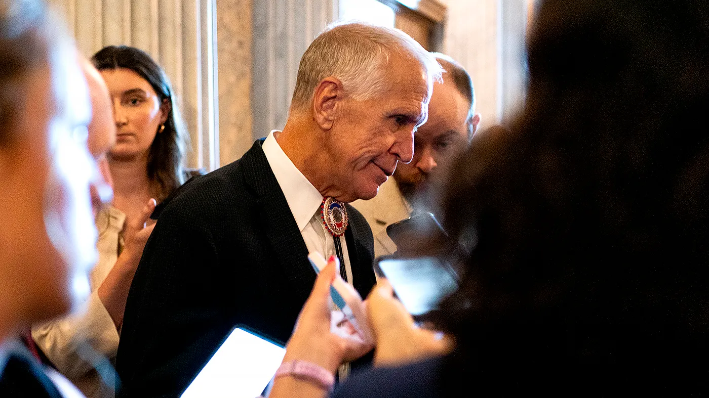 Sen. Thom Tillis (R-N.C.) speaks to reporters as he arrives to the Senate Chamber on Aug. 7, 2026, for a series of votes including a nominations package, Russian sanctions, and a continuing resolution to fund the government until Dec. 11.
