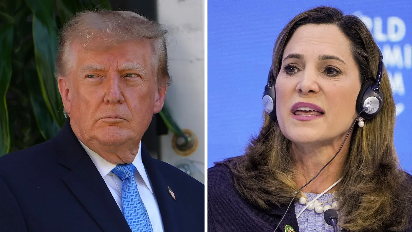 Left: President Trump attends the Presidents Cup golf tournament at Medinah Country Club on Sept. 27, 2026, in Medinah, Ill. Right: Rep. Maria Salazar (R-Fla.) speaks on a panel at the World Economic Forum in Davos, Switzerland, on Jan. 17, 2023.