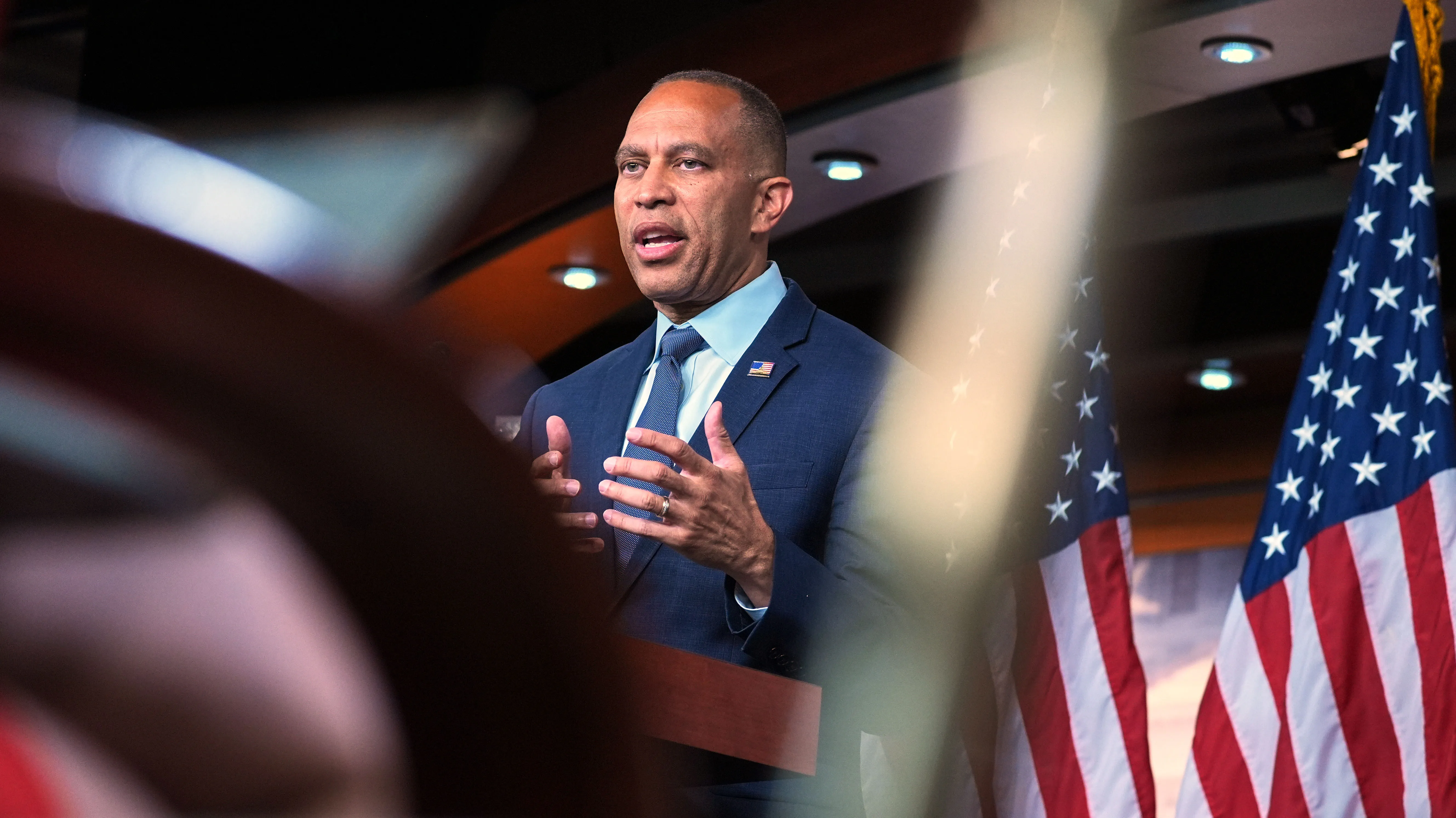 House Minority Leader Hakeem Jeffries (D-N.Y.) speaks during a news conference on Capitol Hill on Sept 3, 2026, in Washington.