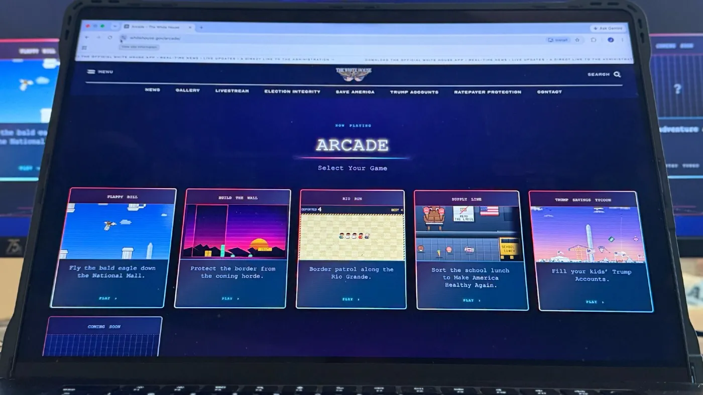 A White House website featuring arcade games is photographed on a computer screen Sept. 3, 2026.