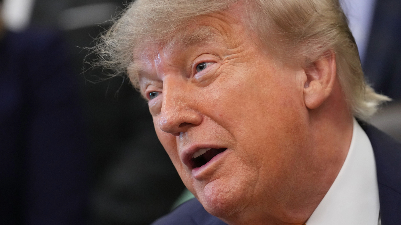 President Trump speaks and announces action to help farmers and ranchers with meat processing, as a group of farmers and ranchers stand behind, Sept. 4, 2026, in the Oval Office of the White House, in Washington.