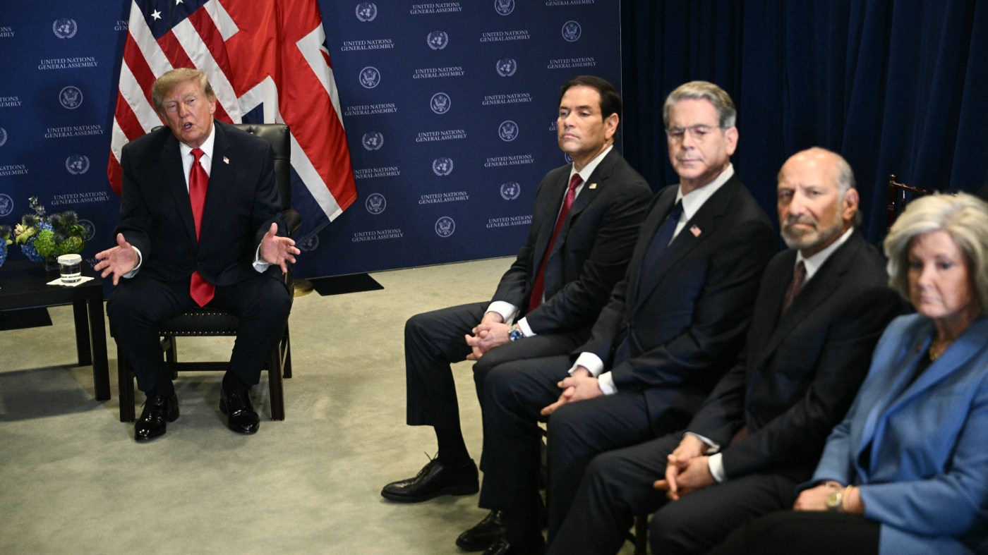President Donald Trump speaks as (L/R) Secretary of State Marco Rubio, Treasury Secretary Scott Bessent, Commerce Secretary Howard Lutnick and White House Chief of Staff Susie Wiles look on during a meeting with British Prime Minister Andy Burnham on the sidelines of the 81st United Nations General Assembly in New York on September 22, 2026.