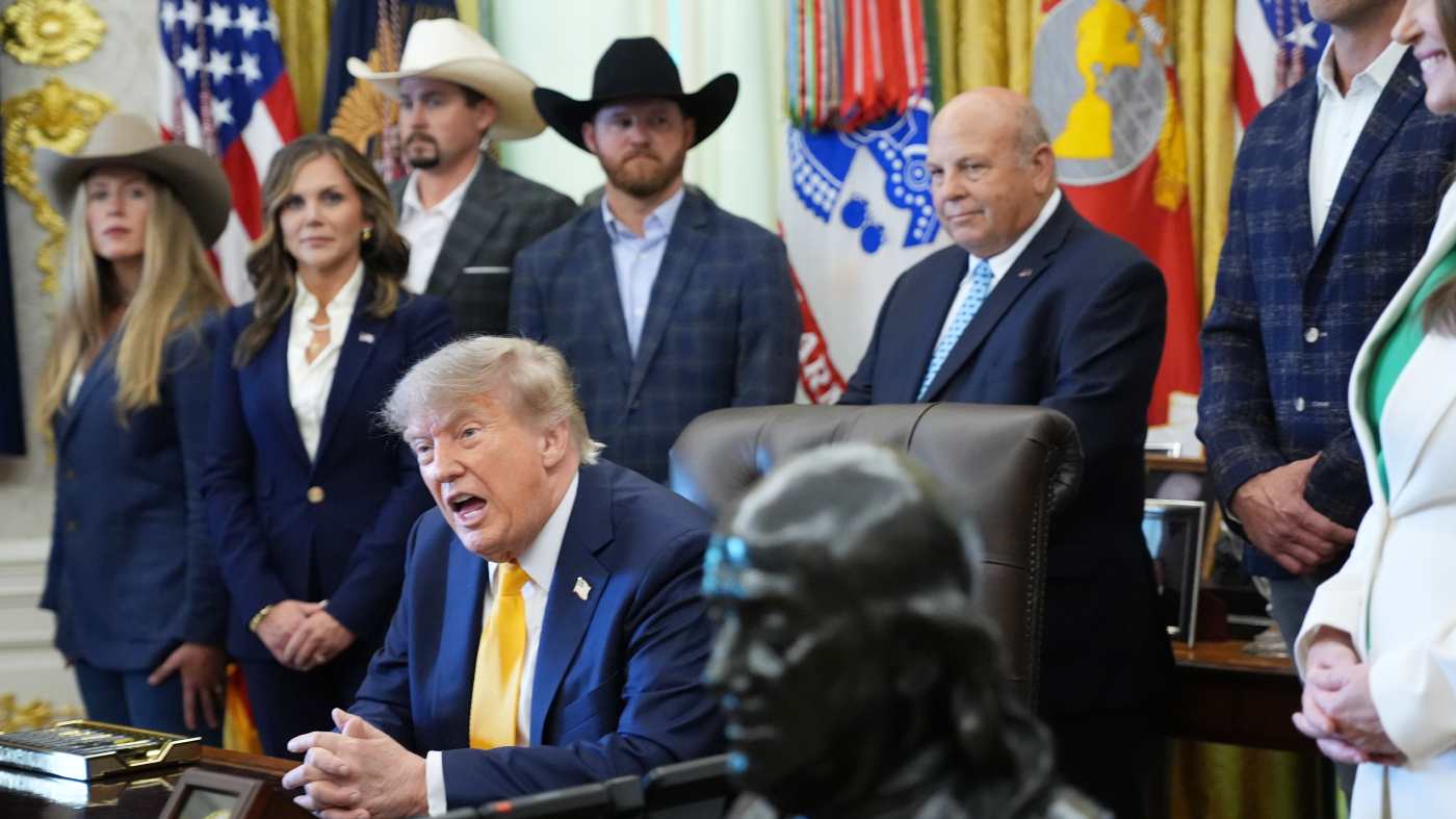 President Trump speaks and announces action to help farmers and ranchers, as a group of farmers and ranchers stand behind, Sept. 4, 2026, in the Oval Office of the White House, in Washington.