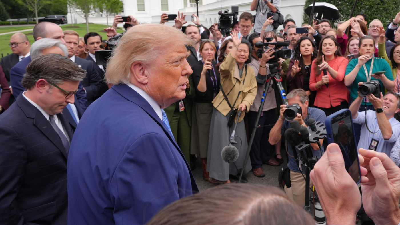 President Trump speaks to reporters at the White House in Washington, Tuesday Sept. 29, 2026, after meeting with top executives of AI firms, as Speaker Mike Johnson (R-La.), listens at left.