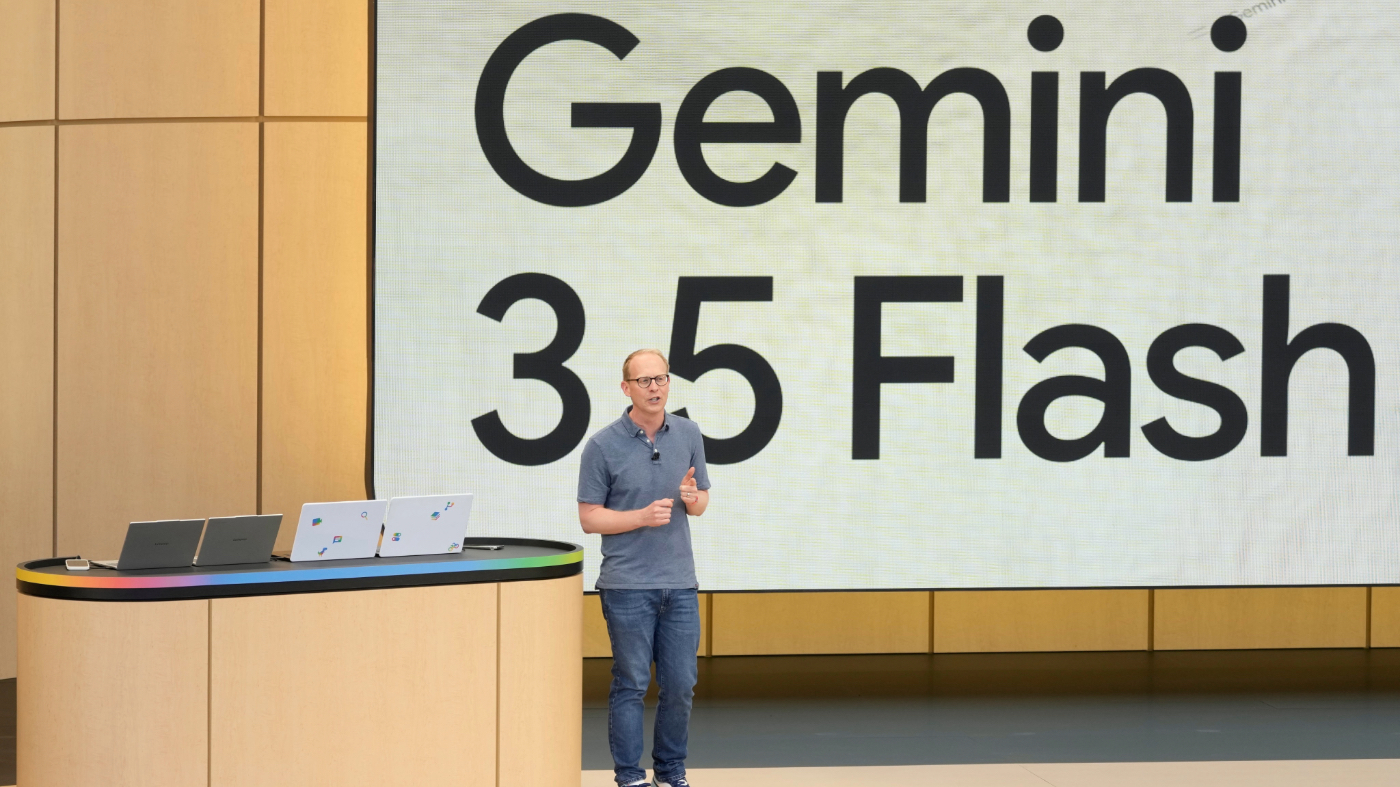 Josh Woodward, vice president of Google Labs and Gemini, speaks at a Google I/O event in Mountain View, Calif., Tuesday, May 19, 2026. (AP Photo/Jeff Chiu)
