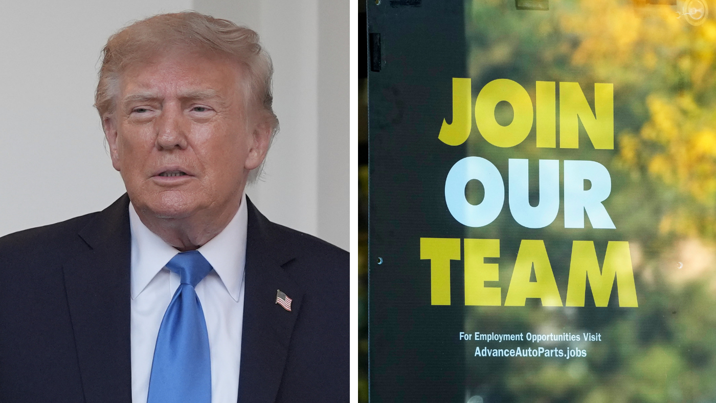 President Donald Trump and a hiring sign in a business window. (AP Photo/Alex Brandon/Nam Y. Huh)