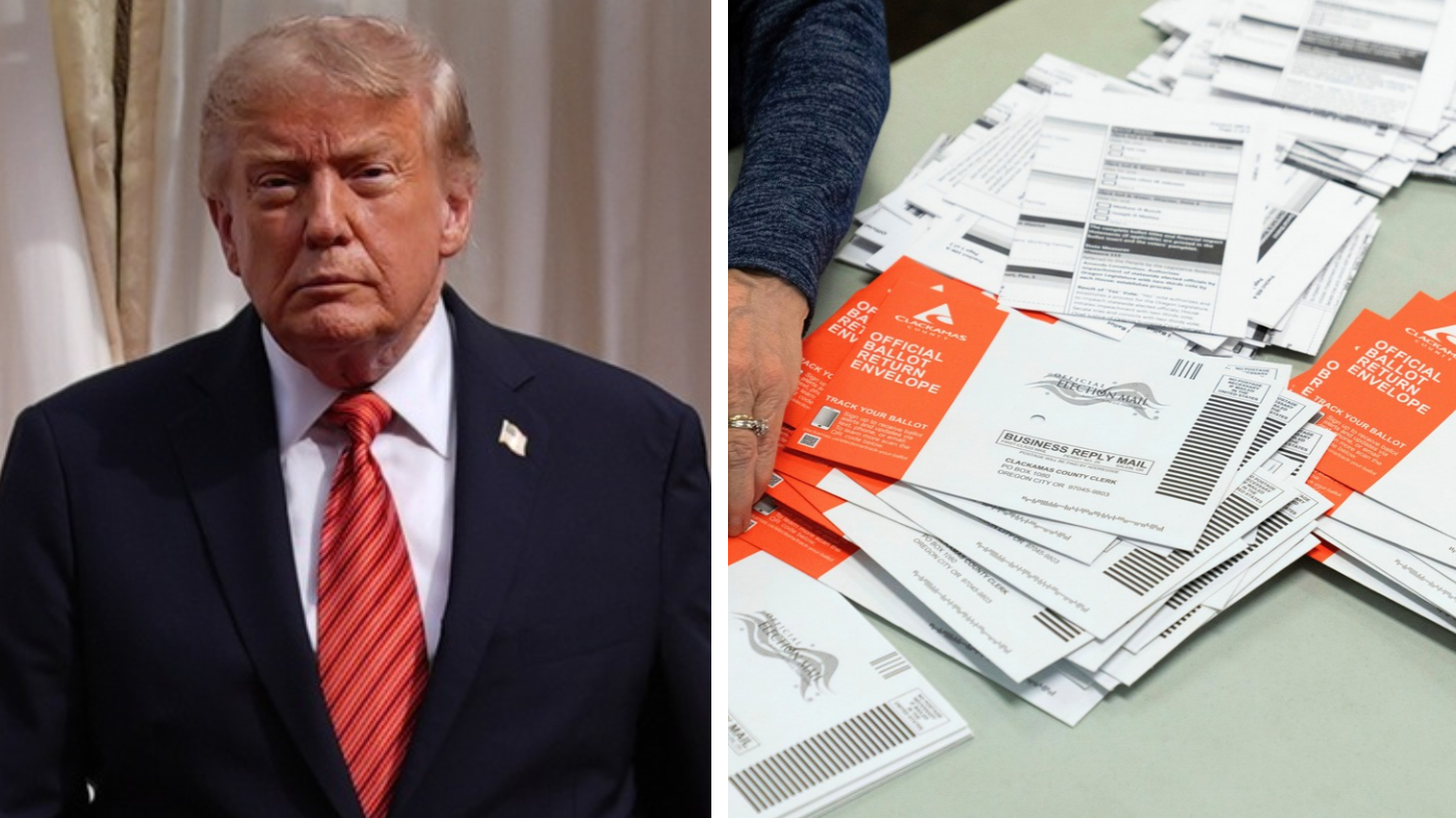 President Donald Trump and a stack of mail-in ballots. (AP Photo/Julia Demaree Nikhinson/Jeff Chiu)