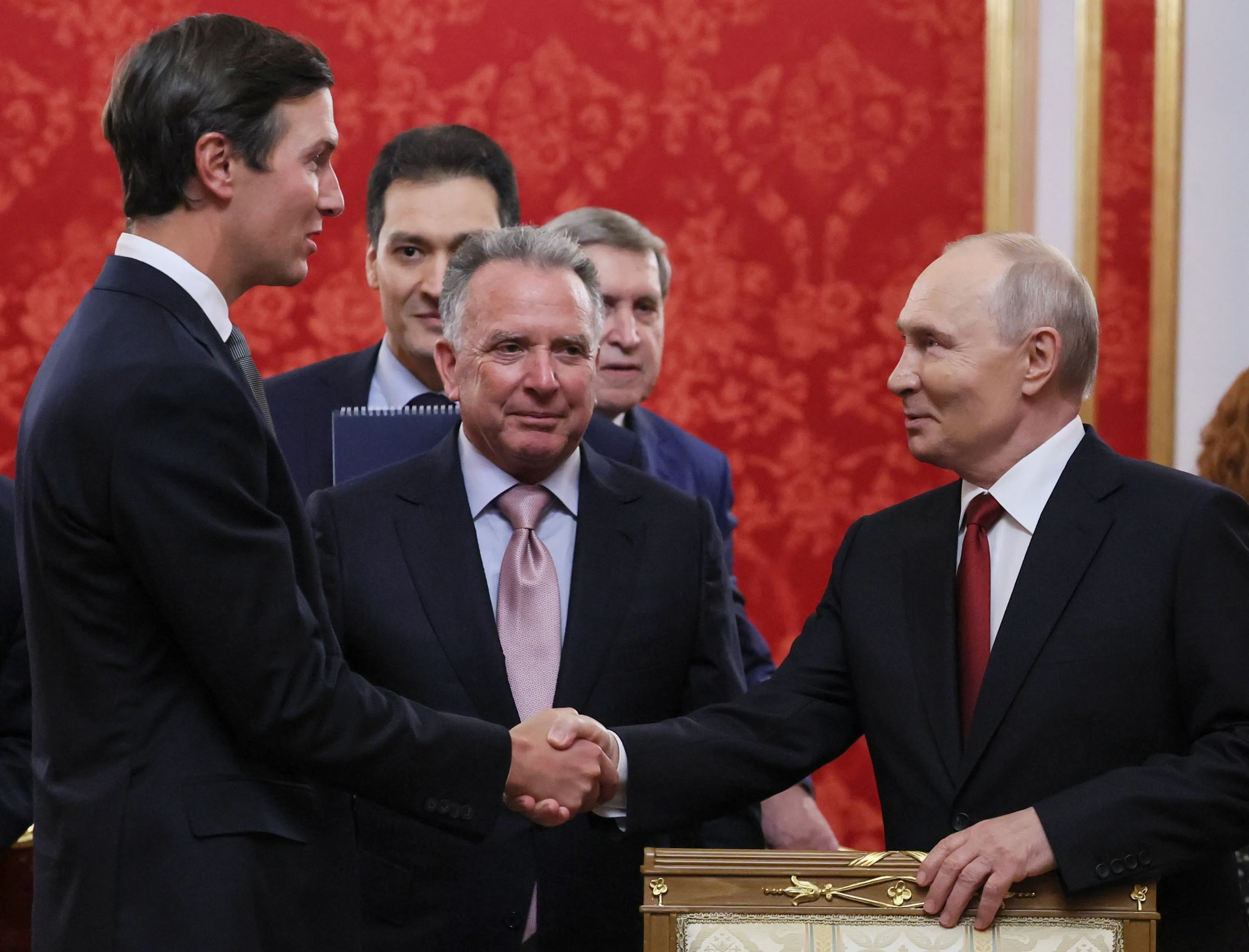 President Vladimir Putin, right, greets U.S. President Donald Trump’s envoys Jared Kushner, left, and Steve Witkoff, center, prior to talks at the Senate Palace of the Kremlin in Moscow, on Saturday, Sept. 5, 2026. (Mikhail Metzel/Sputnik/Kremlin Pool Photo via AP)