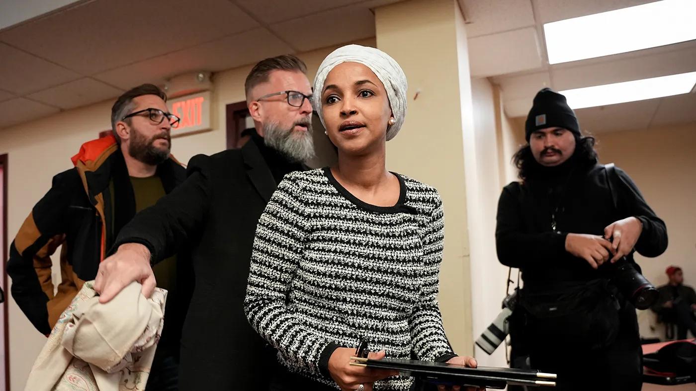 Rep. Ilhan Omar (D-Minn.) arrives for a town hall event in Minneapolis on Jan. 27, 2026.