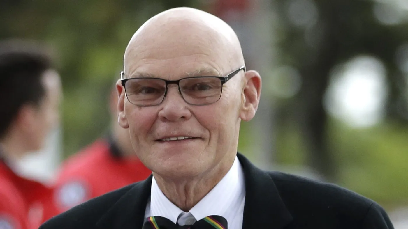 Political commentator James Carville arrives at the John F. Kennedy Presidential Library and Museum before 2018 Profile in Courage Award ceremonies, May 20, 2018, in Boston.