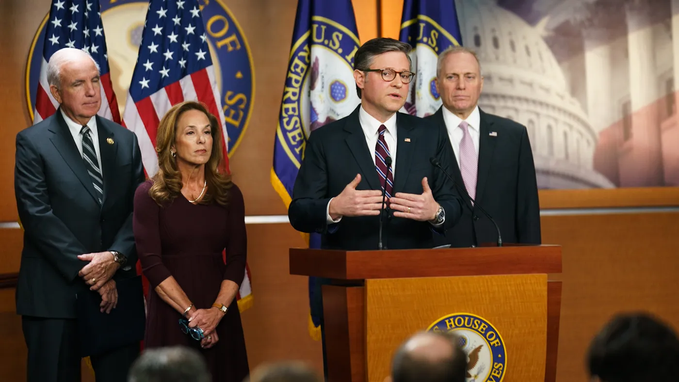 Speaker Mike Johnson (R-La.) gives remarks at a House GOP press conference. Reps. Carlos Gimenez (R-Fla.), Lisa McClain (R-Mich.) and Steve Scalise (R-La.) were also in attendance on Capitol Hill in Washington, Jan. 7, 2026.