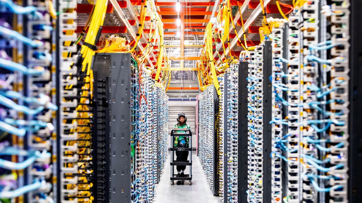 A technician works at an Amazon Web Services AI data center in New Carlisle, Ind., on Oct. 2, 2025.