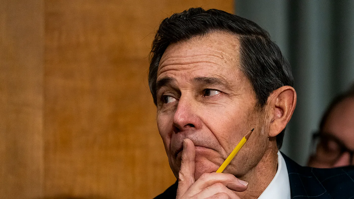 Sen. John Curtis (R-Utah) is seen during a Senate Foreign Relations Committee hearing to discuss U.S. policy towards Venezuela with Secretary of State Marco Rubio on Jan. 28, 2026.