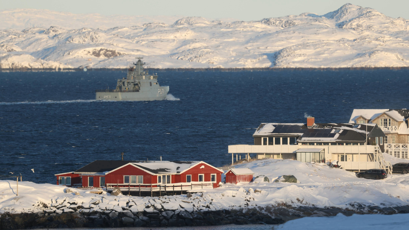 The HDMS Ejnar Mikkelsen ship of the Danish Navy patrols on Jan. 20, 2026, near Nuuk, Greenland.
