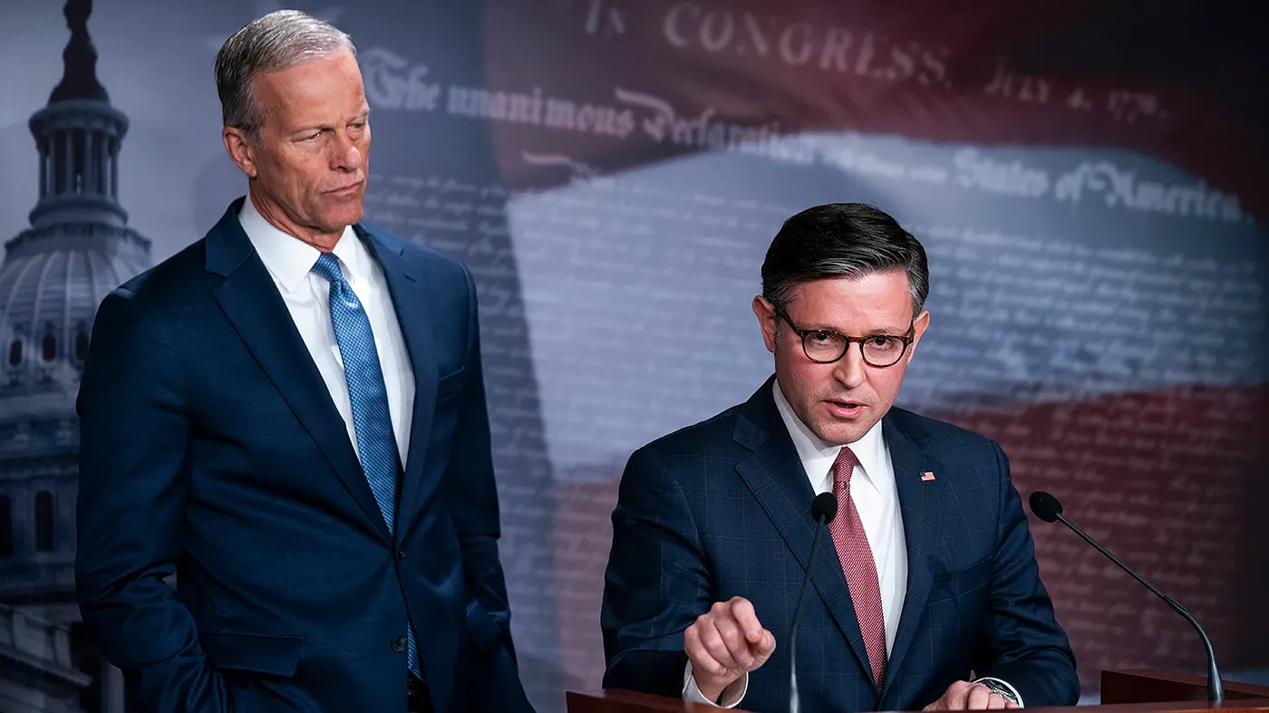 Speaker Mike Johnson (R-La.) addresses reporters alongside Senate Majority Leader John Thune (R-S.D.) during a press conference on Oct. 10, 2025, on the tenth day of the government shutdown.
