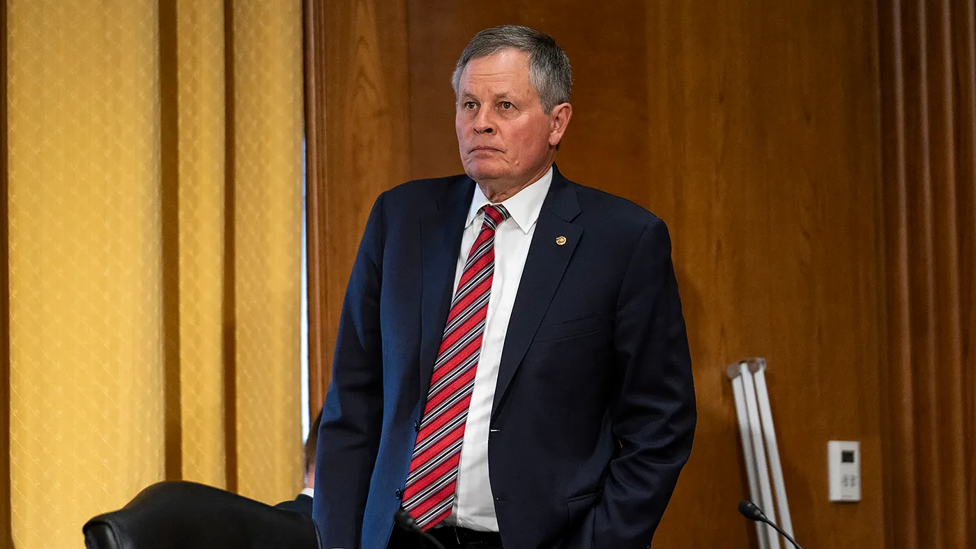 Sen. Steve Daines (R-Mont.) arrives for a Senate Finance Committee hearing to discuss the president’s healthcare agenda with Health and Human Services Secretary Robert F. Kennedy Jr. on Sept. 4, 2025.