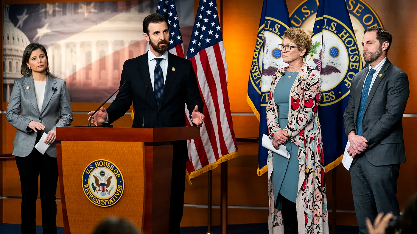 Rep. Chris Deluzio (D-Pa.) addresses reporters during a press conference on Wednesday, February 11, 2026 to discuss yesterday’s failed grand jury Indictment from the Department of Justice of six members of Congress.