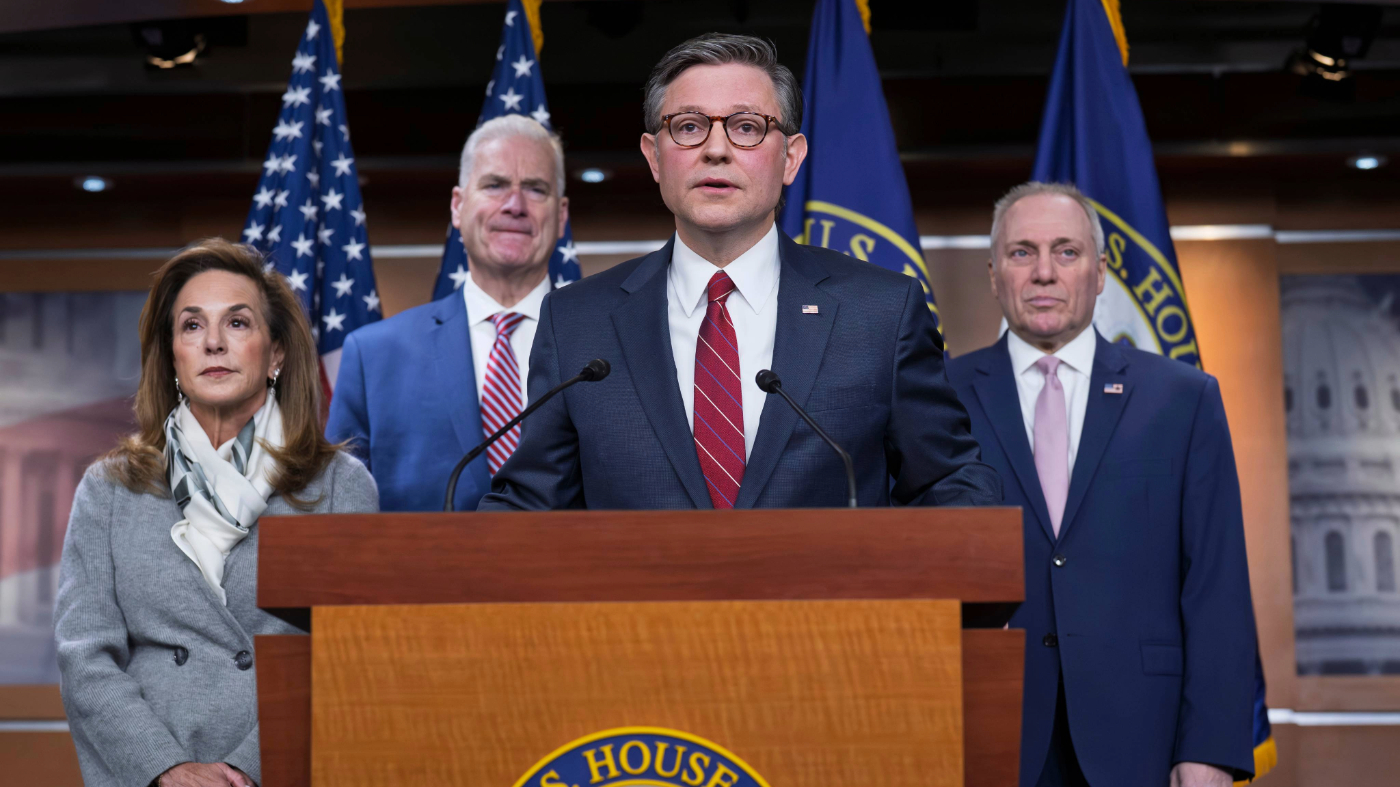 Speaker of the House Mike Johnson, R-La., center, joined from left by Rep. Lisa McClain, R-Mich., chair of the House Republican Conference, Majority Whip Tom Emmer, R-Minn., and Majority Leader Steve Scalise, R-La., meets with reporters ahead of a key procedural vote to end the partial government shutdown, at the Capitol in Washington, Tuesday, Feb. 3, 2026. (AP Photo/J. Scott Applewhite)