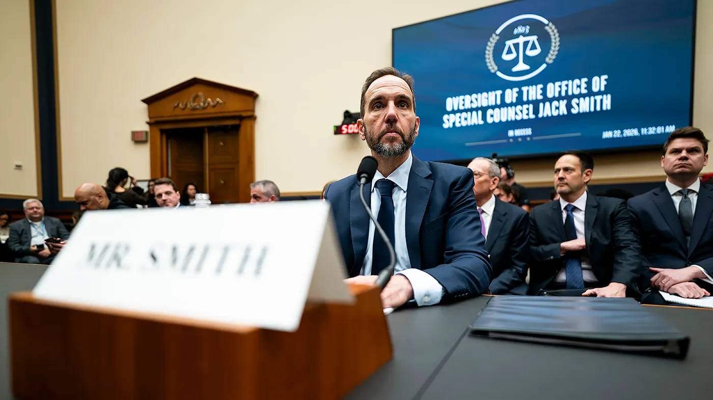 Former special counsel Jack Smith returns from a break in a House Judiciary Committee oversight hearing to discuss his investigations into President Trump on Thursday, January 22, 2026.