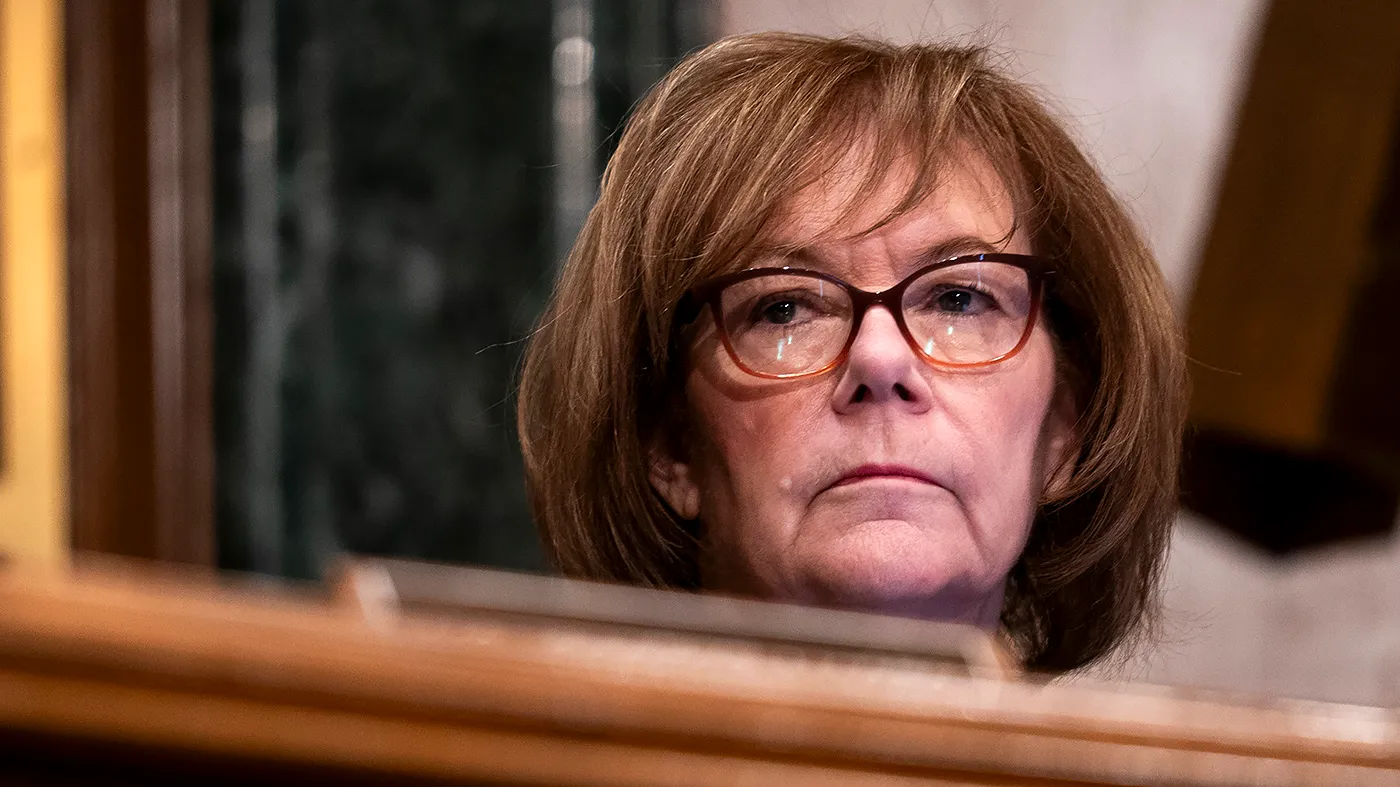 Sen. Tina Smith (D-Minn.) is seen during a Senate Banking, Housing, and Urban Affairs Committee hearing to discuss the Annual Report of the Financial Stability Oversight Council on Feb. 5, 2026.