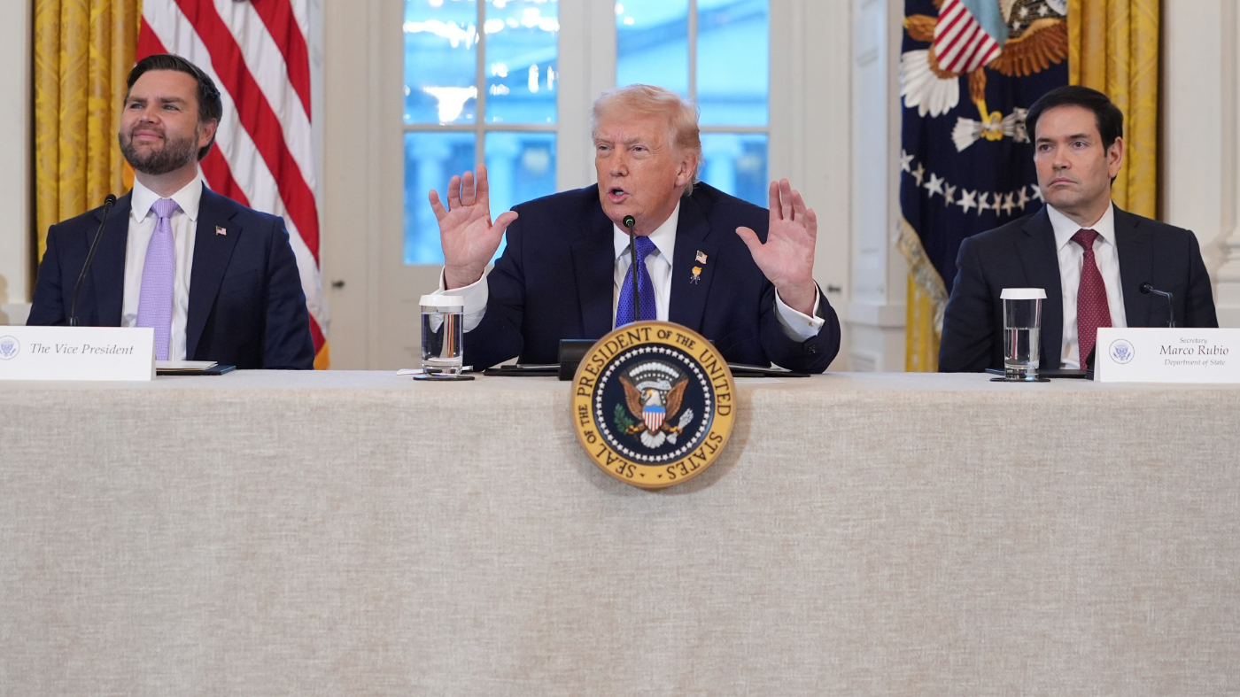 President Trump speaks during a meeting with oil executives in the East Room of the White House, Jan. 9, 2026, in Washington, as Vice President Vance and Secretary of State Marco Rubio listen.