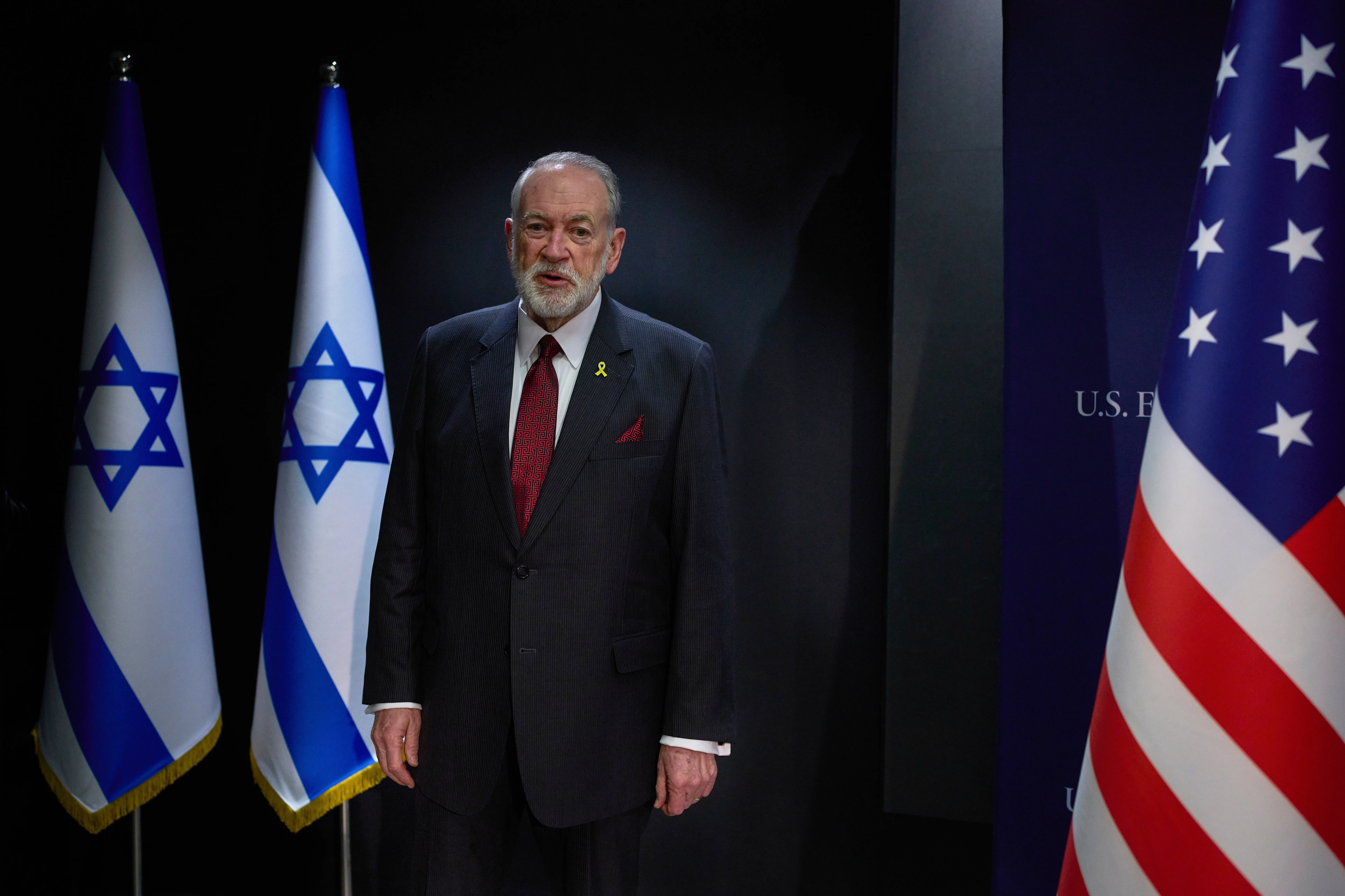 FILE – U.S. Ambassador to Israel Mike Huckabee poses for a photo during an interview in Jerusalem, Aug. 20, 2025. (AP Photo/Ohad Zwigenberg, file)