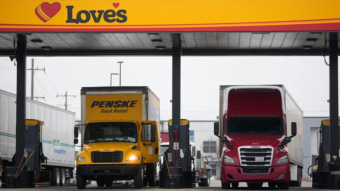 Trucks are fueled at a gas station and truck stop, March 3, 2026, in Elk Grove Village, Ill.