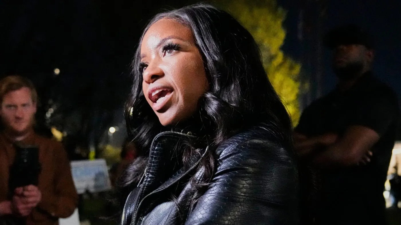 Primary candidate for U.S. Senate Rep. Jasmine Crockett, D-Texas, responds to a question during a broadcast interview at a campaign stop in Dallas, Friday, Feb. 27, 2026. (AP Photo/Tony Gutierrez)