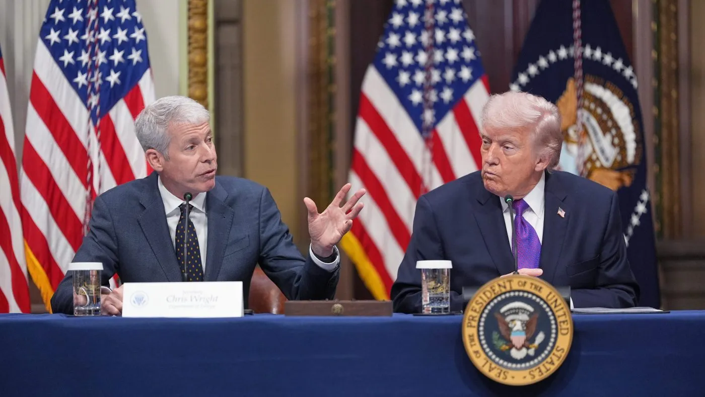 Energy Secretary Chris Wright, left, speaks as President Trump listens during an event about the Ratepayer Protection Pledge, in the Indian Treaty Room of the Eisenhower Executive Office Building on the White House complex on March 4, 2026, in Washington.