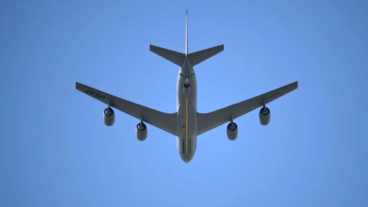 FILE – A U.S. Air Force KC-135 Stratotanker aerial refueling aircraft performs a flyover during the national anthem before an NCAA college football game between Central Florida and Georgia Tech, Sept. 24, 2022, in Orlando, Fla. (AP Photo/Phelan M. Ebenhack, File)