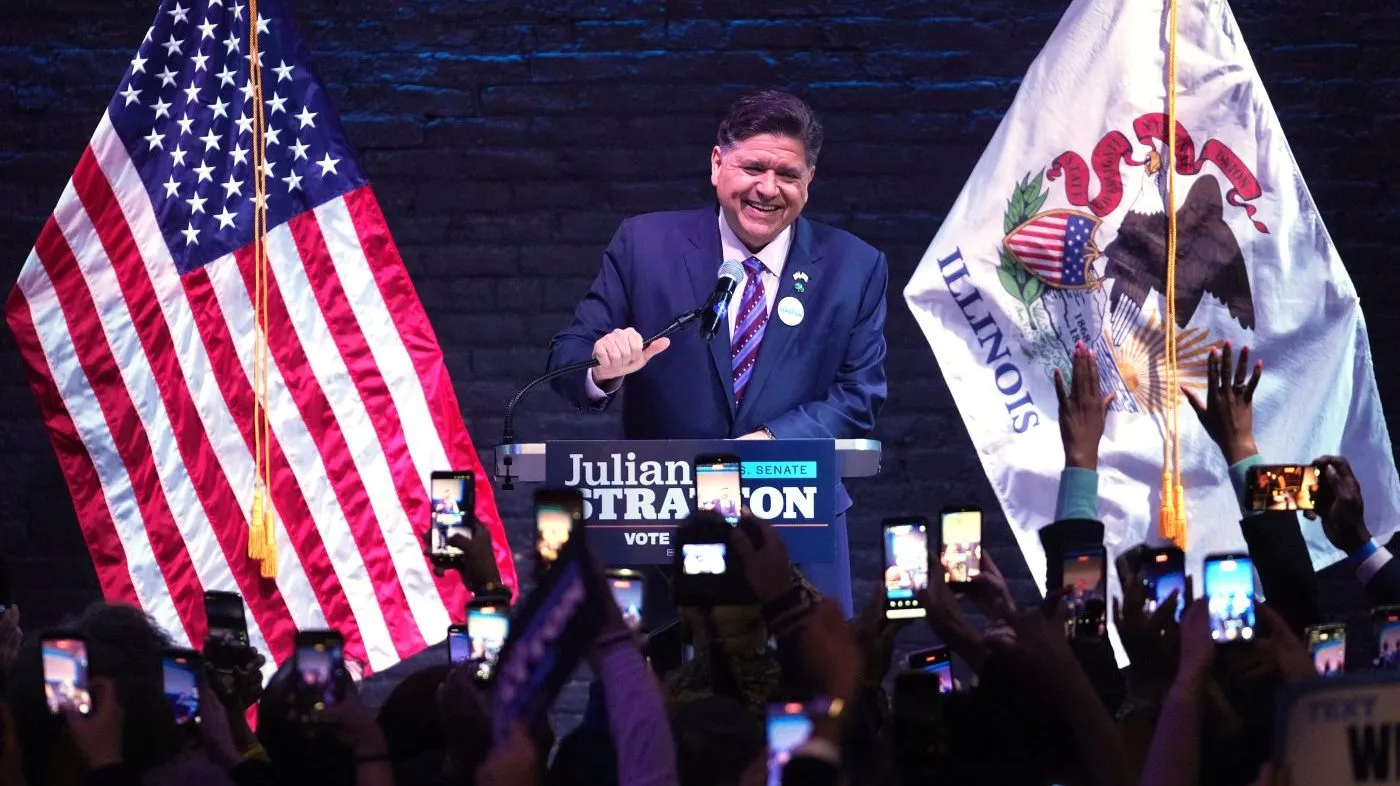 Illinois Gov. JB Pritzker (D) speaks during a primary election night watch party after Illinois Lt. Gov. Juliana Stratton won the Democratic primary for U.S. Senate, March 17, 2026, in Chicago.
