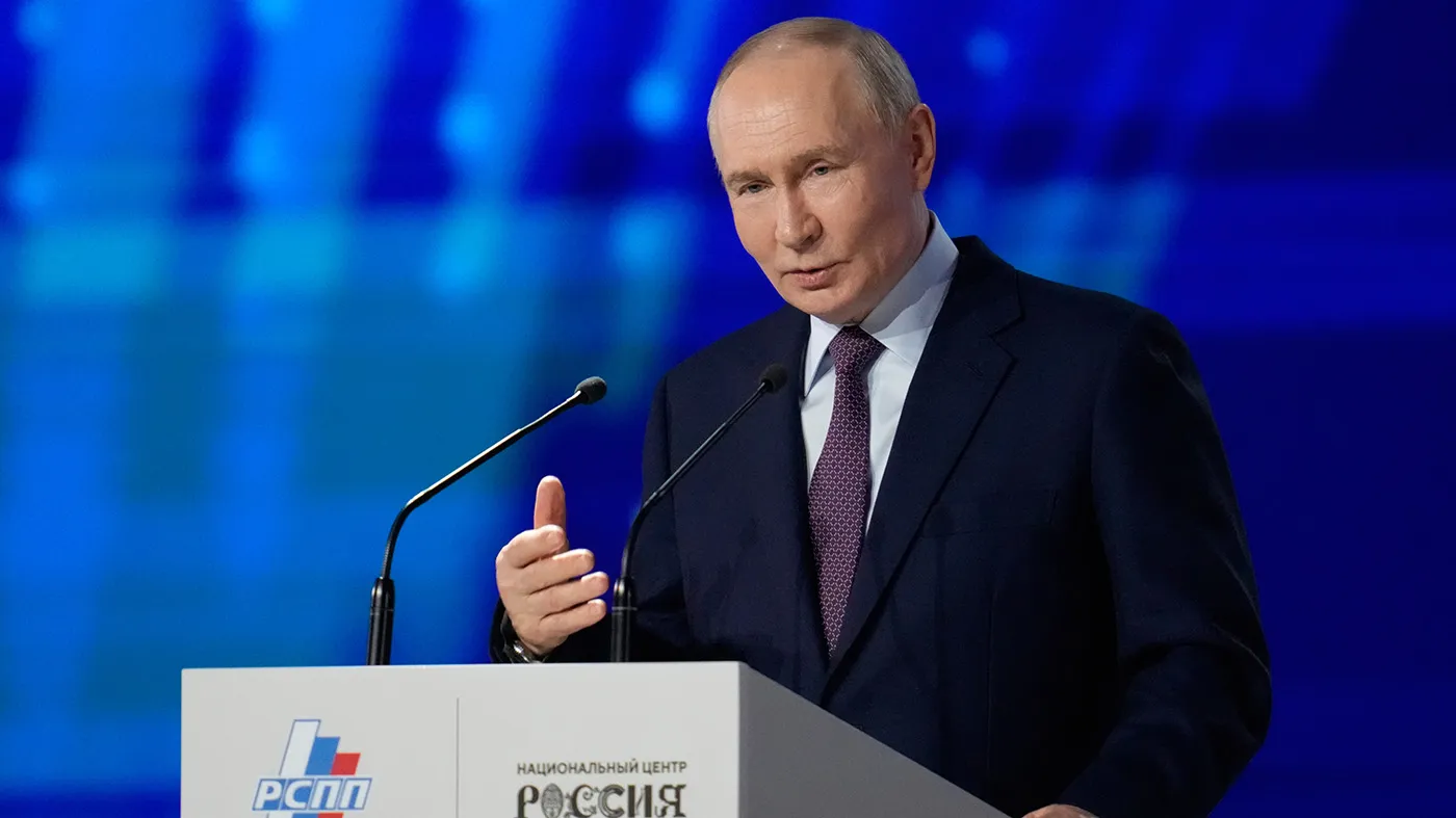 Russian President Vladimir Putin gestures during the annual congress of the Russian Union of Industrialists and Entrepreneurs in Moscow, Russia, March 26, 2026. (Pavel Bednyakov, Associated Press)