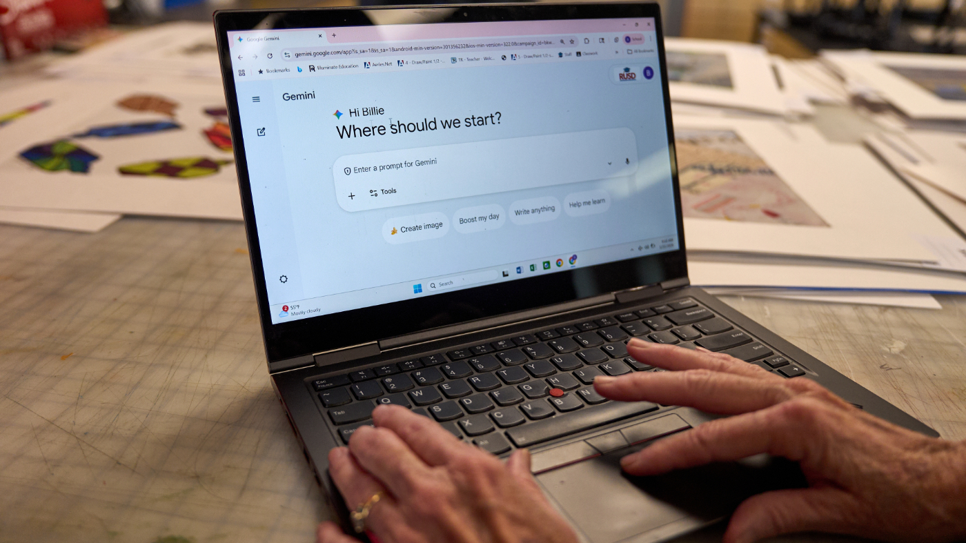 Art teacher Joyce Hatzidakis uses the AI tool Google Gemini in her high school classroom, Jan. 22, 2026, Riverside, Calif.