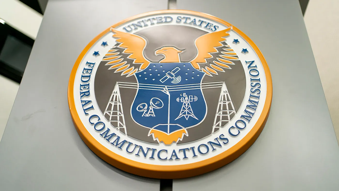 The logo of the Federal Communications Commission (FCC) is seen at their headquarters in Washington, D.C., on Thursday, March 26, 2026.
