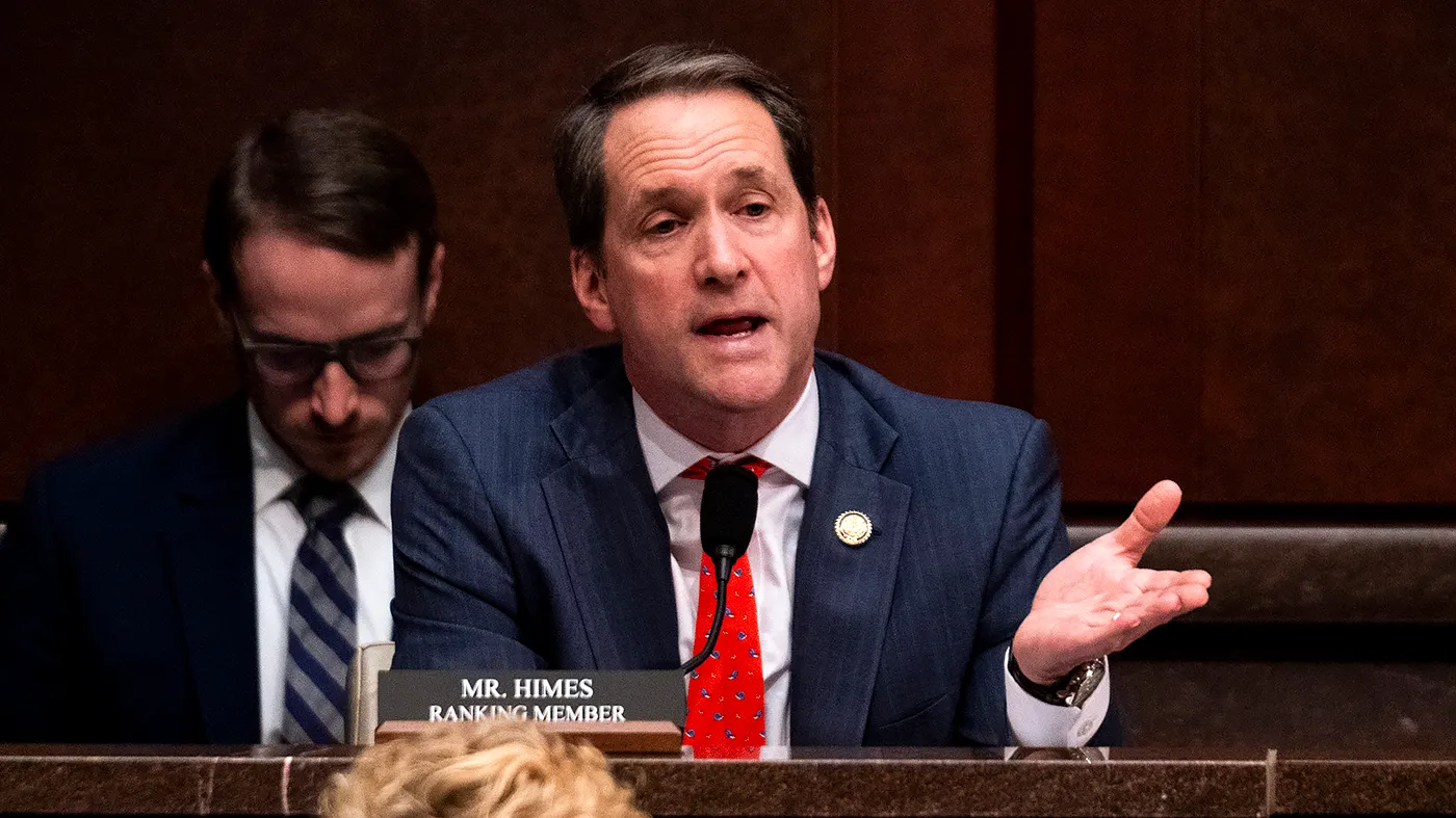 Rep. Jim Himes (D-Conn.) asks questions during a House Intelligence Committee hearing to discuss worldwide threats on March 19, 2026.