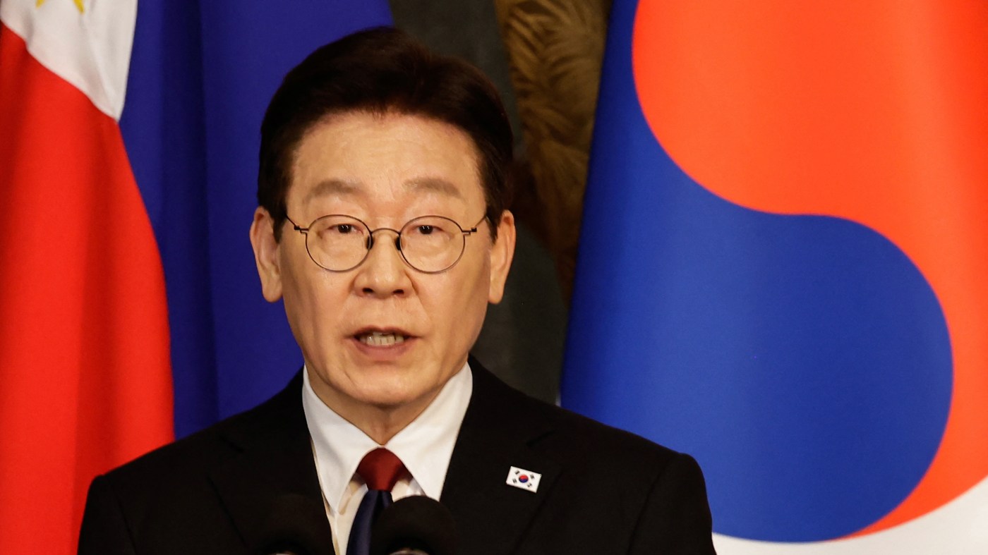 South Korean President Lee Jae Myung delivers a statement following a bilateral meeting with Philippine President Ferdinand Marco at the presidential palace in Manila on March 3, 2026.
