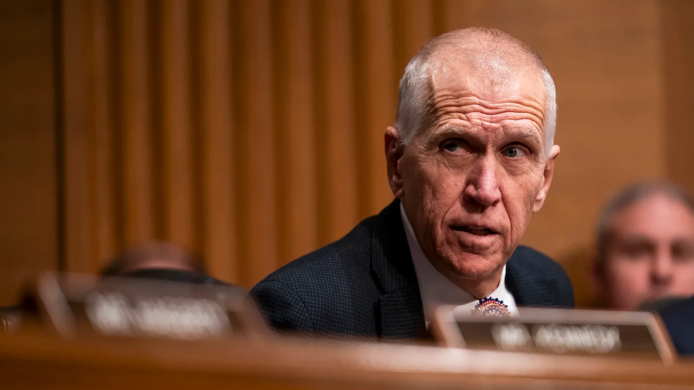 Sen. Thom Tillis (R-N.C.) is seen during a Senate Banking, Housing, and Urban Affairs Committee hearing to discuss the Annual Report of the Financial Stability Oversight Council on Thursday, February 5, 2026.