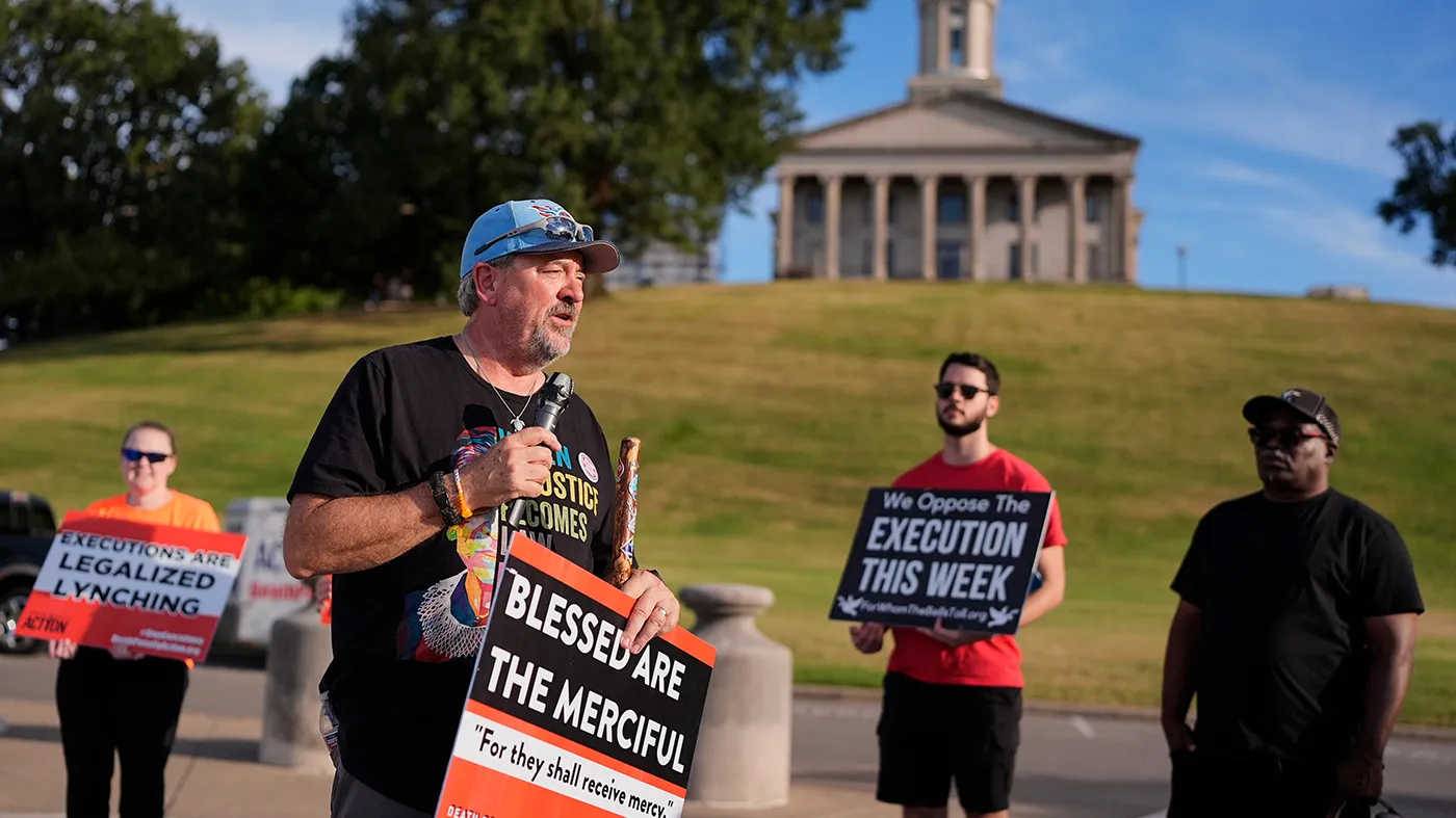 Pastor Kevin Riggs speaks during a March 4 Mercy protest against the death penalty at the Tennessee State Capitol, Sept. 27, 2026, in Nashville, Tenn., ahead of the Sept. 30 scheduled execution of Christa Pike.