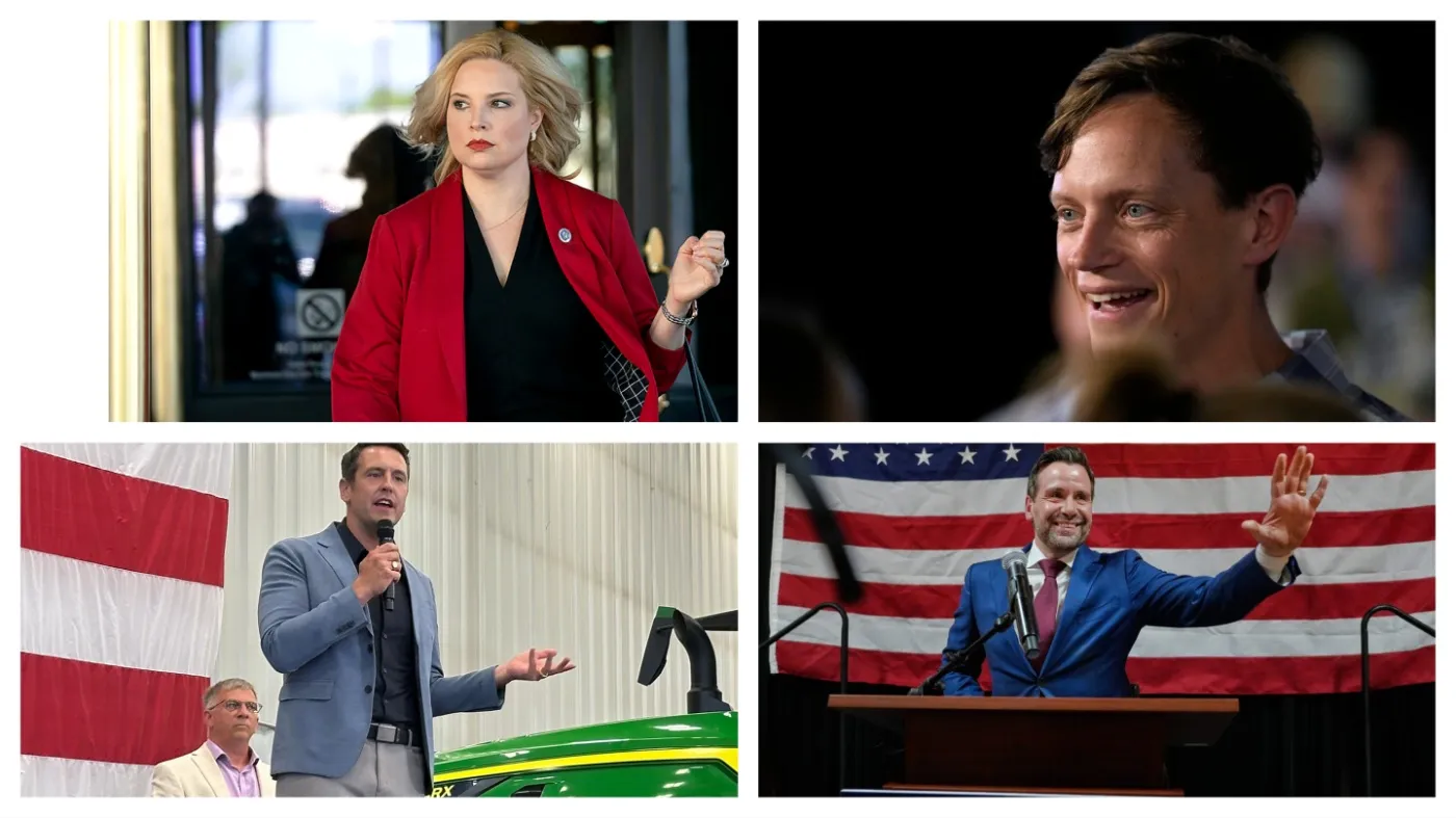 Iowa candidates (clockwise from top-left) Rep. Ashley Hinson (R-Iowa), Rob Sand (D), Josh Turek (D) and Zach Lahn (R).