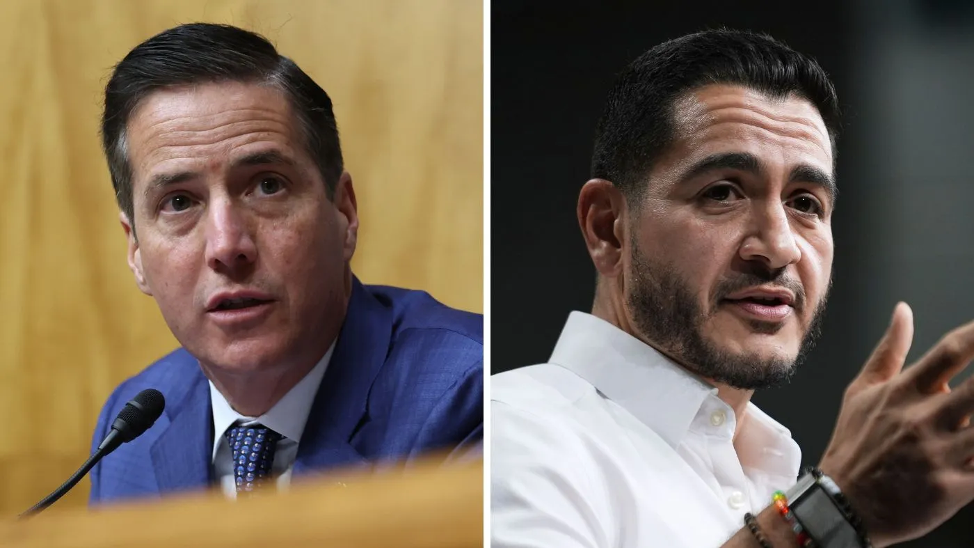 Left to right: A split collage of Sen. Bernie Moreno (R-Mich.) and Democratic Senate candidate Abdul El-Sayed