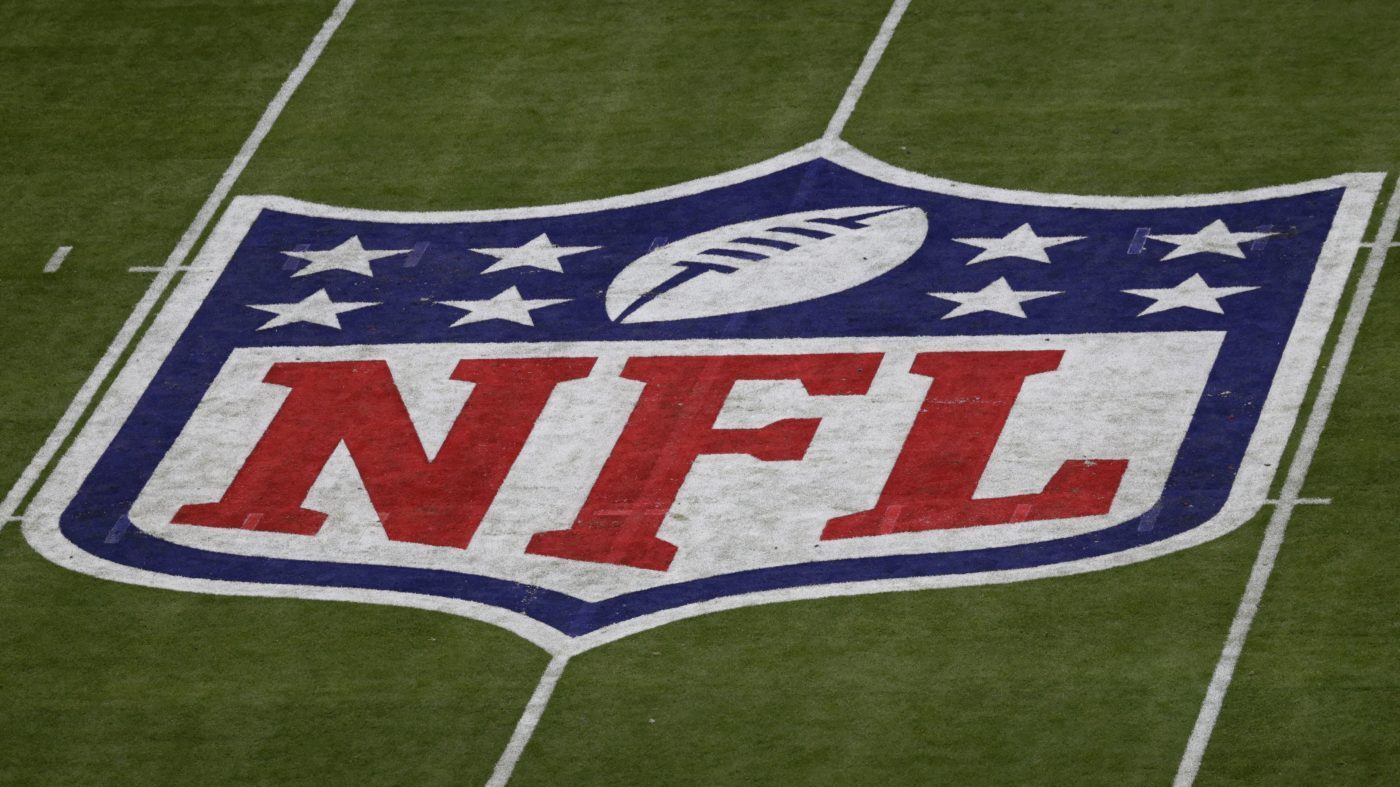 The NFL logo is seen before the NFL Super Bowl football game Feb. 12, 2023, in Glendale, Ariz.