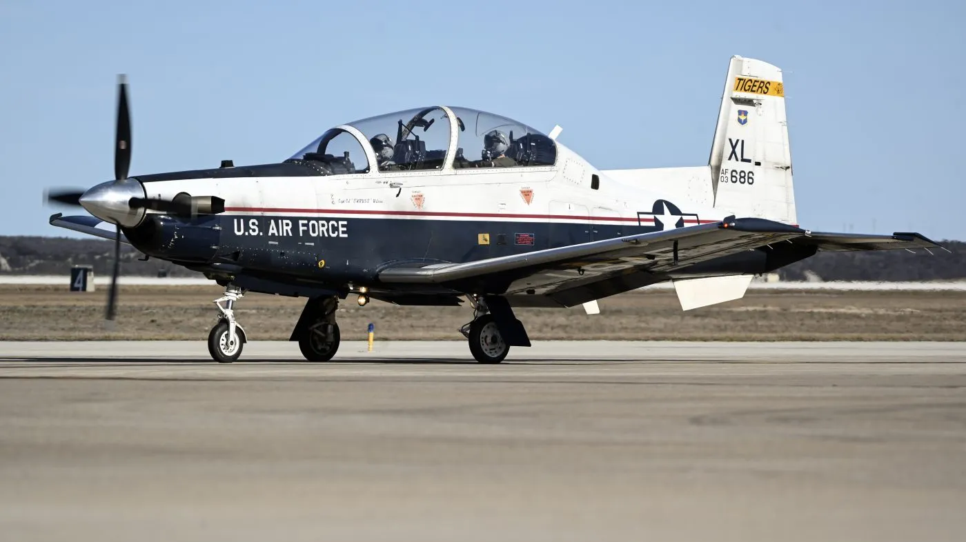 This image provided by the U.S. Air Force shows a U.S. Air Force T-6A Texan II taxiing down the flight line at Laughlin Air Force Base, Texas, on Jan. 26, 2024.