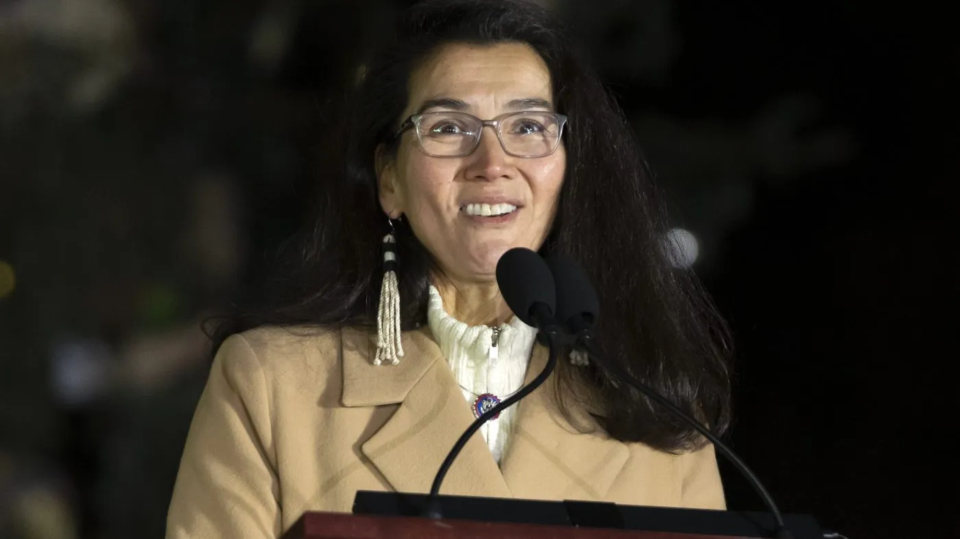 Rep. Mary Peltola (D-Alaska) speaks during the U.S. Capitol Christmas tree lighting ceremony on the West Front of the Capitol, Dec. 3, 2024, in Washington.