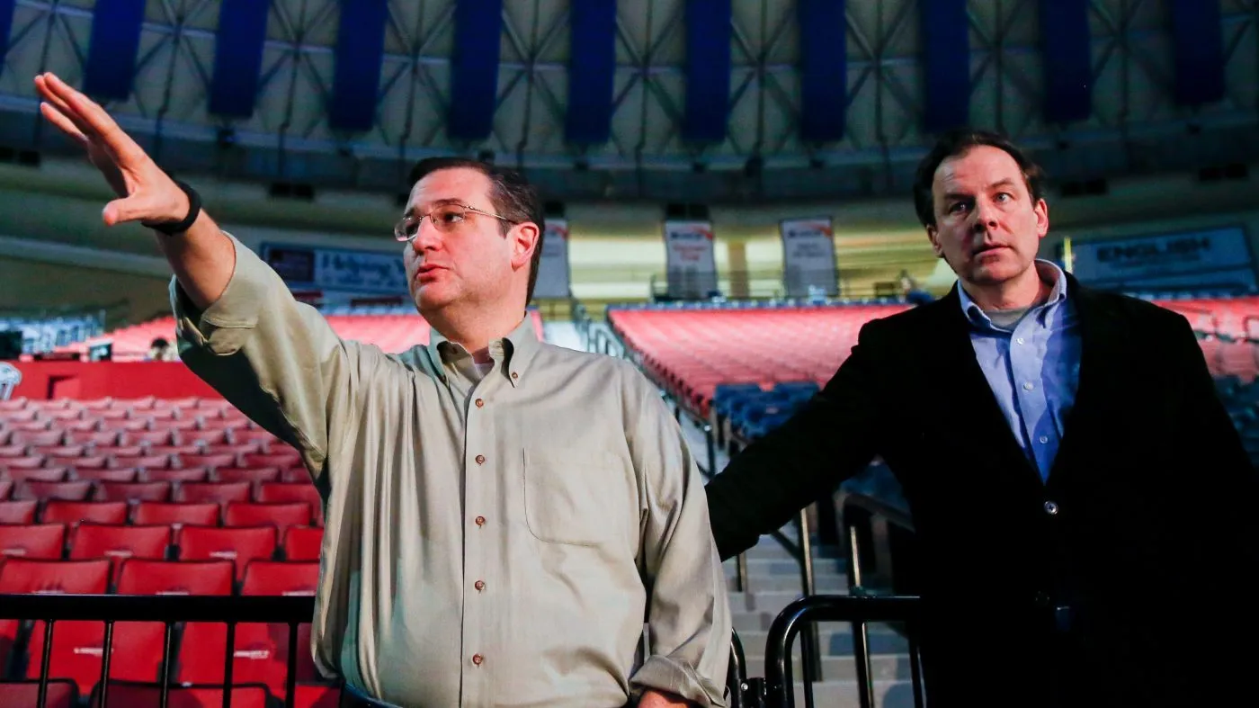 Sen. Ted Cruz, R-Texas, left, accompanied by his communications director, Rick Tyler, right, arrives for a walk-through for his Monday morning speech where he will launch his campaign for president of the United States at Liberty University on Sunday, March 22, 2015 in Lynchburg, Va. Cruz will be the first major candidate in the 2016 race for president. (AP Photo/Andrew Harnik)