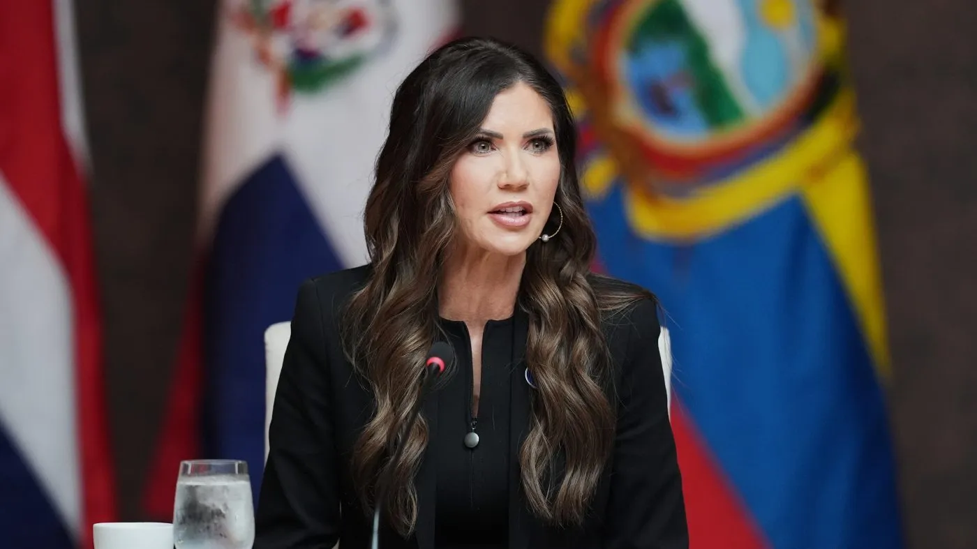 Former Homeland Security Secretary Kristi Noem delivers remarks at a working lunch at the Shield of the Americas Summit on March 7, 2026, at Trump National Doral Miami in Doral, Fla.